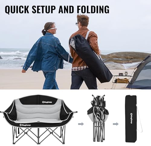 Image of KingCamp Double Camping Chair, Oversized Heavy Duty 660lbs Loveseat for Adults Portable Folding XL 2 Person Couch Padded Comfortable Two Seat with Cup Holder for Outdoor Lawn Backyard, Black /Grey