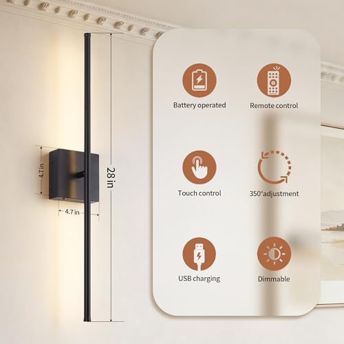 Image of KARTOOSH 28.3 Inch Wall Sconces Battery Operated for Living Room Black | Rechargeable Wireless Wall Lamp Set of 2, 3000K Warm White Dimmable Wall Light Remote Control Indoor Lighting for Bedroom
