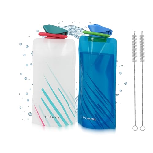 EUYKQNOI Set 2 Borracce Pieghevoli 700ml + 2 Spazzole per Fessure, Borraccia Sportiva Leggera con Gancio, Senza BPA, per Escursionismo, Ciclismo, Viaggi, Campeggio (Bianco, Blu)