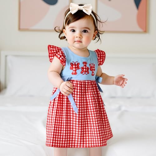 Toddler Baby Girl Crawfish Dress Fly Sleeveless Lobster Crab Embroidery Bow Plaid Smocked Dress Summer Dresses2