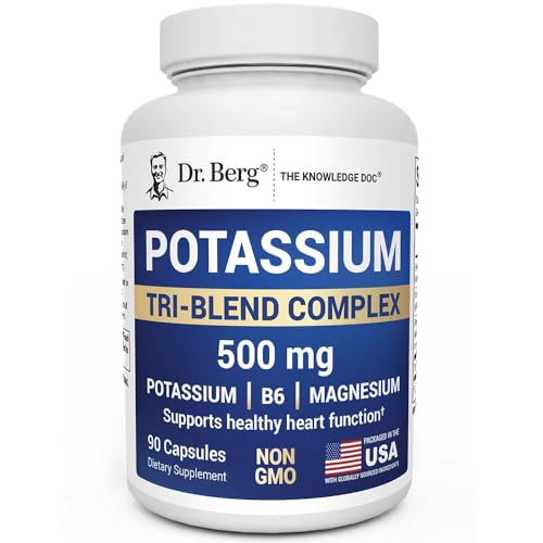 Dr. Berg Potassium Tri-Blend Complex – 500 mg Potassium Supplement for Muscle & Nerve Support* – Maximum Strength Potassium Formula w/Magnesium, B6 & Taurine – 90 Capsules