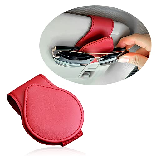OFBAND Magnetic Sunglass Holder for Car Visor PU Leather Car Sunglass Holder Organizes Glasses Tickets Cards & Keeps Car Tidy Universal Car Accessories Interior (Red)