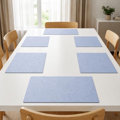 Image of Yelona Premium Faux Leather Placemat Set of 6 | Printed Floral Design, Waterproof & Heat Resistant Table Mat | Non-Slip, Washable for Dining, Kitchen & Home Decor (Sky Blue, 43 x 30 cm)