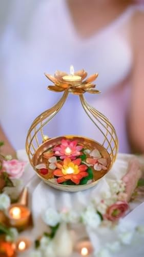 Image of Diya Shape Flower Decorative Urli Bowl /Handcrafted Bowl for Floating Flowers and Tea Light Holder Candles Home,Office and Table Decor| Diwali Decoration Items for Home T-Light Gold