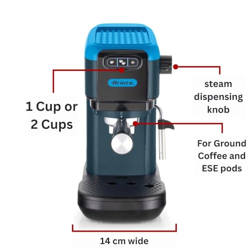 Image of Ariete 1399 Espresso Coffee Machine by Delonghi| Espresso, Cappuccino, Latte & More Recipe Options| Coffee Maker Machine for Home | 15 Bar Pressure, 1300 W| Espresso machines| Blue, 2-Years warranty