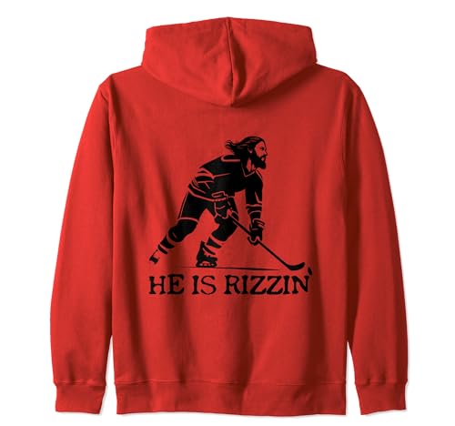 He Is Rizzin' Jesus Jugador de Hockey Stick Christian Holy Puck Sudadera con Capucha