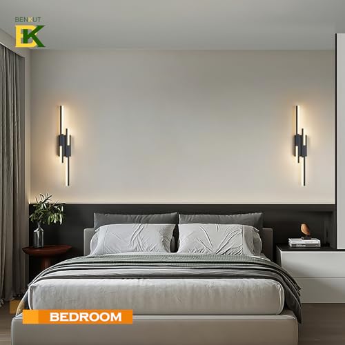 Image of Benkut Modern LED Wall Sconce Black Remote Wall Light Fixtures for Bathroom, Dimmable Vanity Light Indoor LED Remote Wall Sconce for Bedside Bedroom Living Dining Room (27.6inch 3000-6500K 1 Pack)