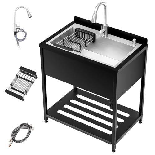 Image of Stainless Steel Utility Sink, 33.5 inch x 22 inch x 36.6 inchFreestanding Sink with Cold and Hot Water Faucet,Hoses and Drain Kit for Kitchens, Bathrooms, Garage, Laundry Room