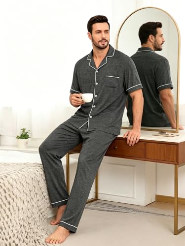 Image of Men's Short Sleeve Pajama Set, Soft Cotton Button Down Sleepwear Top & Long Pants, Loungewear PJs with Pockets S-XXXL