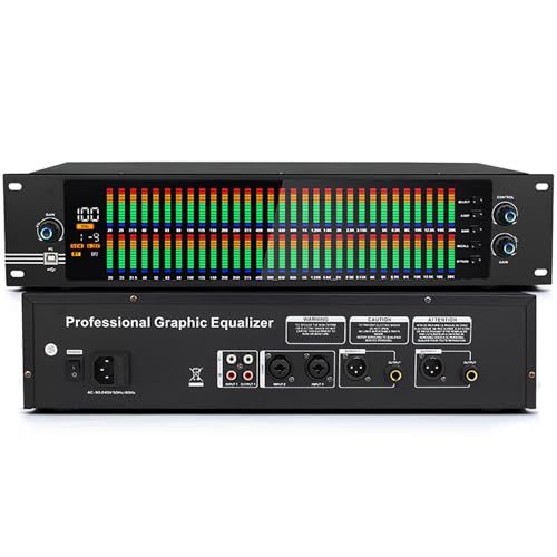Ecualizador profesional digital de 31 bandas duales, 10 efectos preestablecidos y reducción automática de ruido, analizador de espectro musical LED con ajuste independiente de graves/medios/agudos