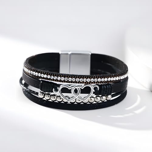 Heart Wrap Leather Bracelets for Women, Multi-Layer Boho Cuff Bangle with Pearl Crystal Beads Chain Stackable Bangles Anniversary Mother's Day Birthday Christmas Jewelry Gifts for Her3