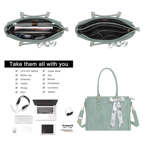Image of MOSISO Laptop Bag for Women, PU Leather Tote Bag, Front Embossed Retro Hibiscus Computer Bags with Silk Scarf&Clutch Purse