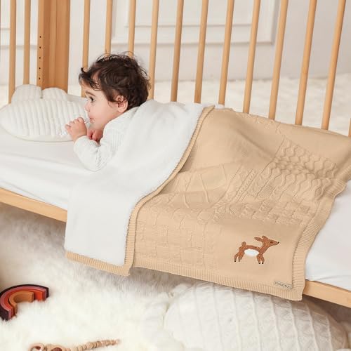 Image of Cotton Knit Baby Blanket with Plush Fleece, 31x40 Receiving Blanket for Newborn Boys & Girls, Soft Warm Stroller Blanket with Deer Embroidery, Box