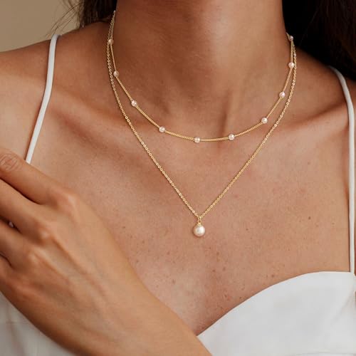 Pearl Necklace for Women, Dainty 14K Gold Plated Layered Pearls Chain Set, Trendy Stack Beaded Charm Simple Link Choker Necklace Jewelry Gift for Wedding Prom Statement Summer3