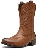 Jousen Cowboy Boots For Men Round Toe Western Slip Resistant Pull on Boot Retro Short Botas (Lightbrown-10.5)