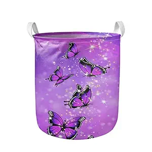 chaqlin Butterfly Laundry Baskets Collapsible Waterproof Cotton Linen Foldable Laundry Hampers Storage Bin Organizer Baskets with Handles for Clothes, Toy, Nursery Purple