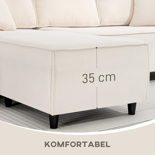 HOMCOM Ecksofa 3-Sitzer Sofa in L-Form Eckcouch mit Umkehrbarer Chaiselongue 2 Kissen Federpolster, Polsterecke aus Cordstoff Wohnlandschaft für Wohnzimmer Schlafzimmer 241x153x83 cm Cremeweiß – Bild 7