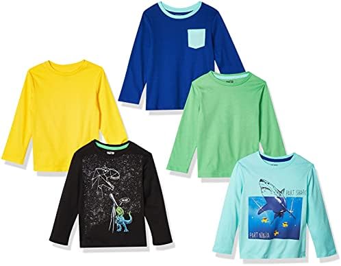 Amazon Essentials Toddler Boys' Long-Sleeve T-Shirts (Previously Spotted Zebra), Pack of 5, Black/Yellow/Blue, 4T