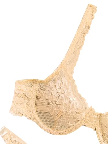 Image of Lilosy Sexy Floral Lace Scallop Underwire Push Up Sheer Lingerie Set Outfits