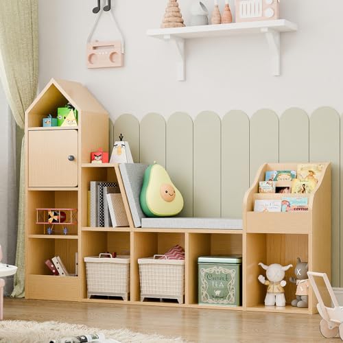 Image of Vabches Kids Reading Nook with Bench - Bookshelf & Bookcase with Seat Cushion, 7 Open Storage Cubbies, 3-Tier File Organizers, Toy Storage Box & Chest for School, Playroom, Bedroom.