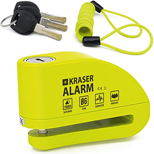 KRASER KR6Y Blocca Disco per Moto con Allarme 110dB, Antifurto Moto Nr1 Autobild, +Deterrente, 3 (altre 2) Chiavi Sicurezza, Impermeabile, Cavo Reminder 1.5m Borsa, Lucchetto Sonoro Scooter Bici