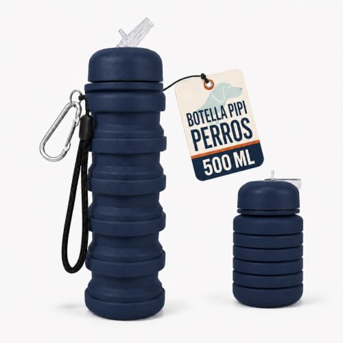 BLOCKBAT® Botella Pipi Perros Plegable 500 ml | Se Pliega Conforme se Vacía | Botella para Pipi de Perro con Tapón Antifugas, Mosquetón y Cuerda | Silicona Premium | Botella Pipi Perros Calle