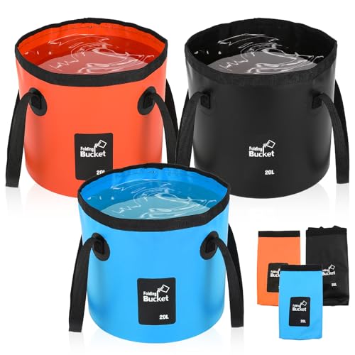 Afcabakila 3 PCS 5 Gallon Collapsible Water Bucket, 20L Foldable PVC Bucket with Handles, Multiple Use Portable Fold up Lightweight Container Buckets PVC Folding 5 Gallon for Camping Fishing Outdoor