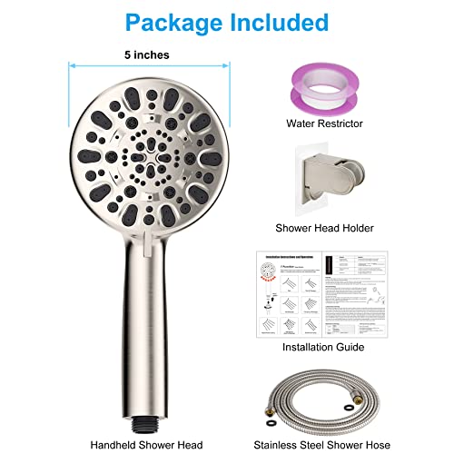 High Pressure Handheld Shower Head Set, 7-Spray Setting Shower Head 5’’ Brushed Nickel Face, 79-Inch Stainless Steel Hose Adhesive Shower Head Holder, 7 Functions Powerful Shower Spray Head Set #TOP4