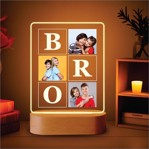 Image of Giftplease Personalized BRO LED Acrylic Night Light - Custom Photo Lamp with Wooden Base, Engraved Picture Frame Light, Unique Birthday, Rakhi, and Graduation Gifts for Brother from Sister or Brother