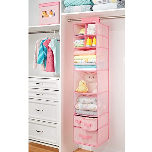 Mdesign Fabric Hanging Organizer - Over Closet Rod Storage With 7 Shelves And 3 Removable Drawers For Baby Nursery Bedroom Organization - Hold Clothes, Linens, Toys, Accessories - Pink Herringbone #TOP1
