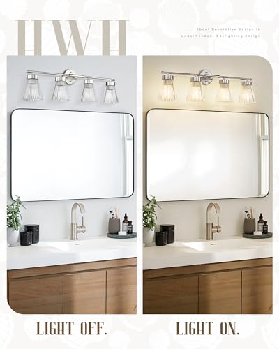 Image of 4-Light Bathroom Vanity Light Fixtures, HWH Brushed Nickel Bathroom Vanity Lighting Modern Vanity Light Over Mirror with Clear Striped Glass Shade, 5HZG97B-4W BN