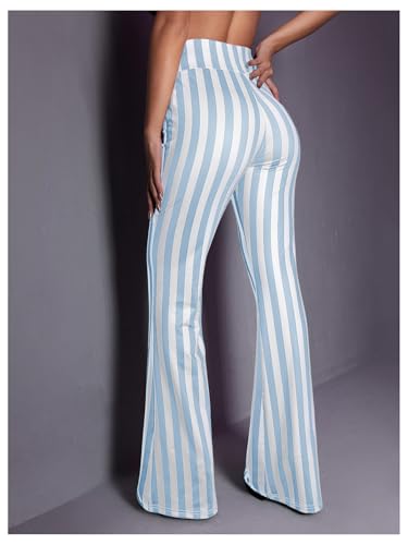 Women's Striped Flare Leg Pants Elastic High Waist Casual Trousers2