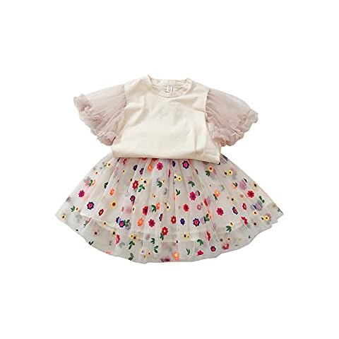 2PCS Summer Toddler Girls Outfits Short Puff Sleeve Top+Mesh Floral Print Skirt Little Baby Princess Tutu Dress ( Beige,5-6 Years) Cover