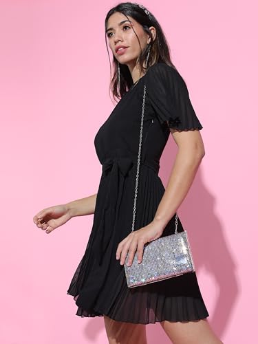 Image of Tokyo Talkies Women's Elegant A-Line Dress with Belt & Pleated Dress- Sophisticated Full-Sleeve Style for Any Occasion
