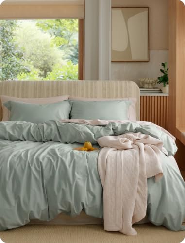 Image of Bedsure 100% Washed Cotton Duvet Cover Queen Size - Sage Green Minimalist Bedding Set Linen Like - PureWoven Plain Simple & Soft Comforter Cover for All Seasons (Sage Green, Queen, 90 inchx90 inch)