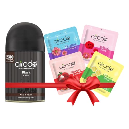 Image of Premium Airodo Automatic Air Freshener Automizer Refill (Oud & Musk 235ml) + Pocket Gel Mix - 40g (Assorted pack of 4 new fragrances)| For Home & Office | Long Lasting Fragrance | Enhanced Formula