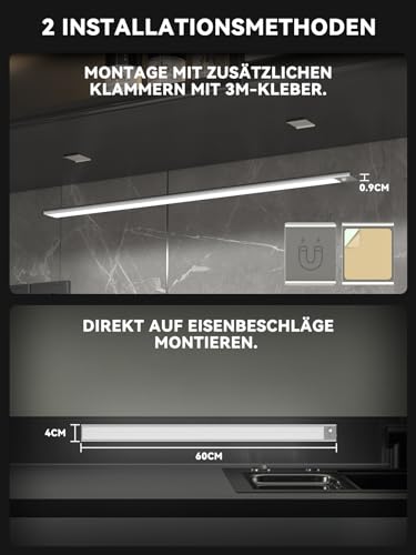 60CM Unterbauleuchte Küche LED Dimmbar, 216 LEDs Schrankbeleuchtung mit Bewegungsmelder, 4500mAh wiederaufladbar Beleuchtung LED leiste, 3 Farbmodi magnetische Led Leiste für Schrank,Kleiderschrank