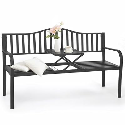 BODIOO Outdoor Metal Garden Bench 59" Patio Bench with Built in Table Park Bench, Outside Bench Weather Proof Front Porch Bench, 500lbs, Gray