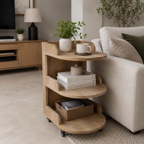 Image of The Attic Solid Wood Rolling Serving Trolley with Storage Shelves, Natural Finish