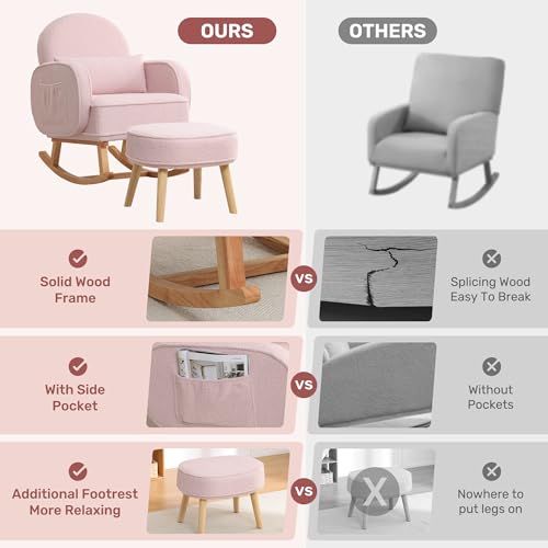 Image of HCHAIRH Rocking Chair Nursery with Ottoman, Upholstered Glider Rocker with High Backrest and Side Pocket, Rocking Accent Armchair with Solid Wood Legs for Nursery /Living Room /Bedroom Pink