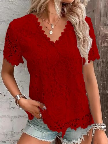 Lace Blouses for Women Dressy Casual Crochet Tops Summer Flower V-Neck Half Sleeves Casual Breathable Tee4