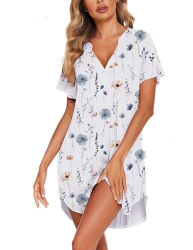 Image of Ekouaer Women V Neck Button Down Nightgown