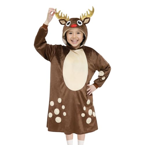 ROC PARTY Playful Animal Hoodie Dress for kids 4-12 Years with Hood for Halloween Cosplay Parties & Winter Wear Costume (Reindeer M(7-8 yrs))