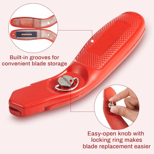 Image of Lasnten 4 Pieces 12 Blades Utility Carpet Knife Cutting Heavy Duty Carpet Knife Cutter Tools with Blades Razor Blade Knives with Protective Cap for Box Cutter Roofing Purpose, Aluminum (Red)