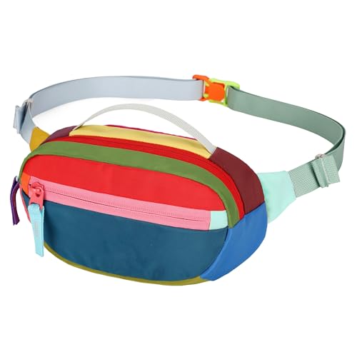 Retro Fanny Pack for Women Men Hiking Waist Packs 2 Pockets Color-blocking Belt Bags for Festival 80s 90s Theme Party Running Traveling (Blue)