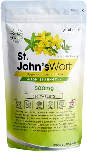 St Johns Wort 500mg - 120 Tablets | 4 Month Supply | High Strength | Vegan | Lab Tested | Allergen Free | Made in The UK - Vitaherbs