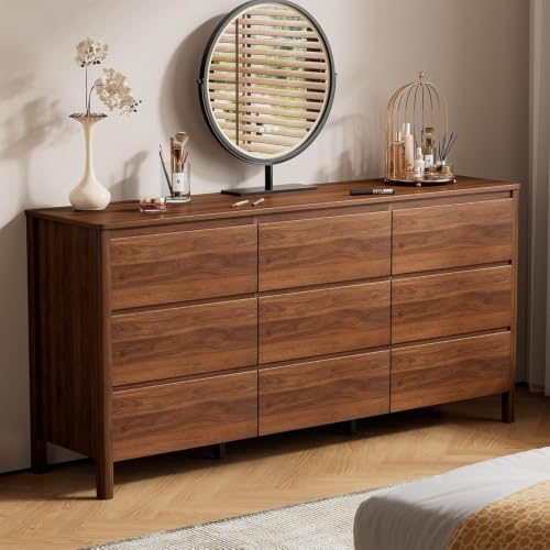 Image of Furniway Walnut 3 Piece Bedroom Set, 9 Drawer Dresser and Nightstands