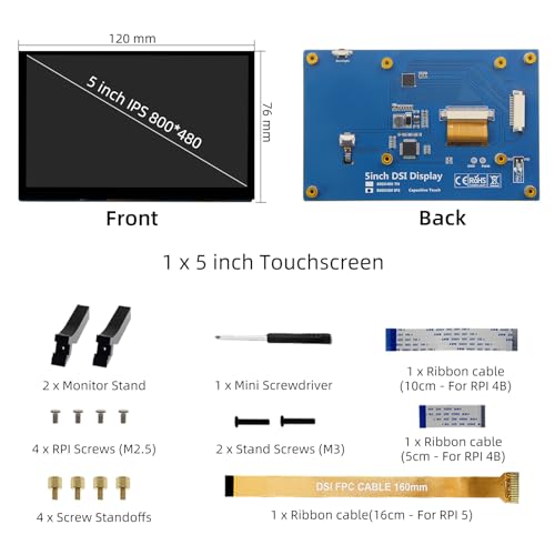 Image of 5 Inch Touch Screen IPS DSI Display Compatible with Raspberry Pi 5 /4 /3 /B+ /A+, 800x480 Pixel IPS Capacitive Screen, Driver-Free MIPI DSI Port