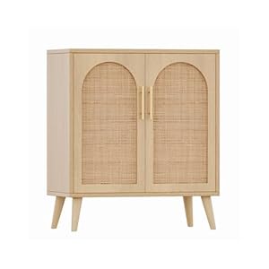 Rovaurx Rattan Storage Cabinet with Doors, Modern Accent Bathroom Floor Cabinet, Sideboard Buffet for Living Room, Entryway, Dining Room and Kitchen, Natural BMGZ108M