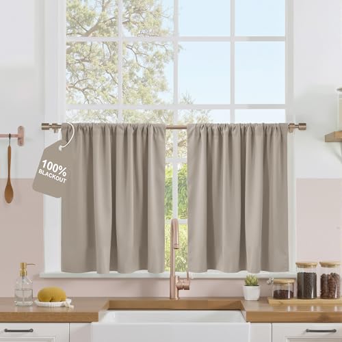 NICETOWN Natural Kitchen Curtains 36 inch Length, Rod Pocket 100% Blackout Easy-Matching Window Treatments Thermal Insulated for Cafe, W42 x L36, 2 Pa